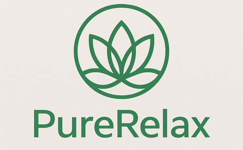 Logo of PureRelax with a green leaf design on a beige background